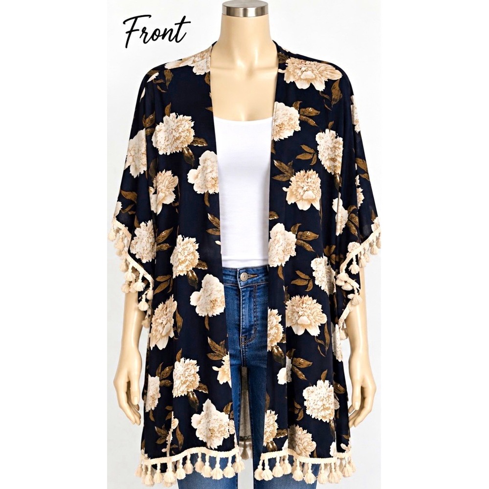 Southern Stitches Black Floral Kimono Shawl/Wrap Tassel Chiffon Rayon 29"